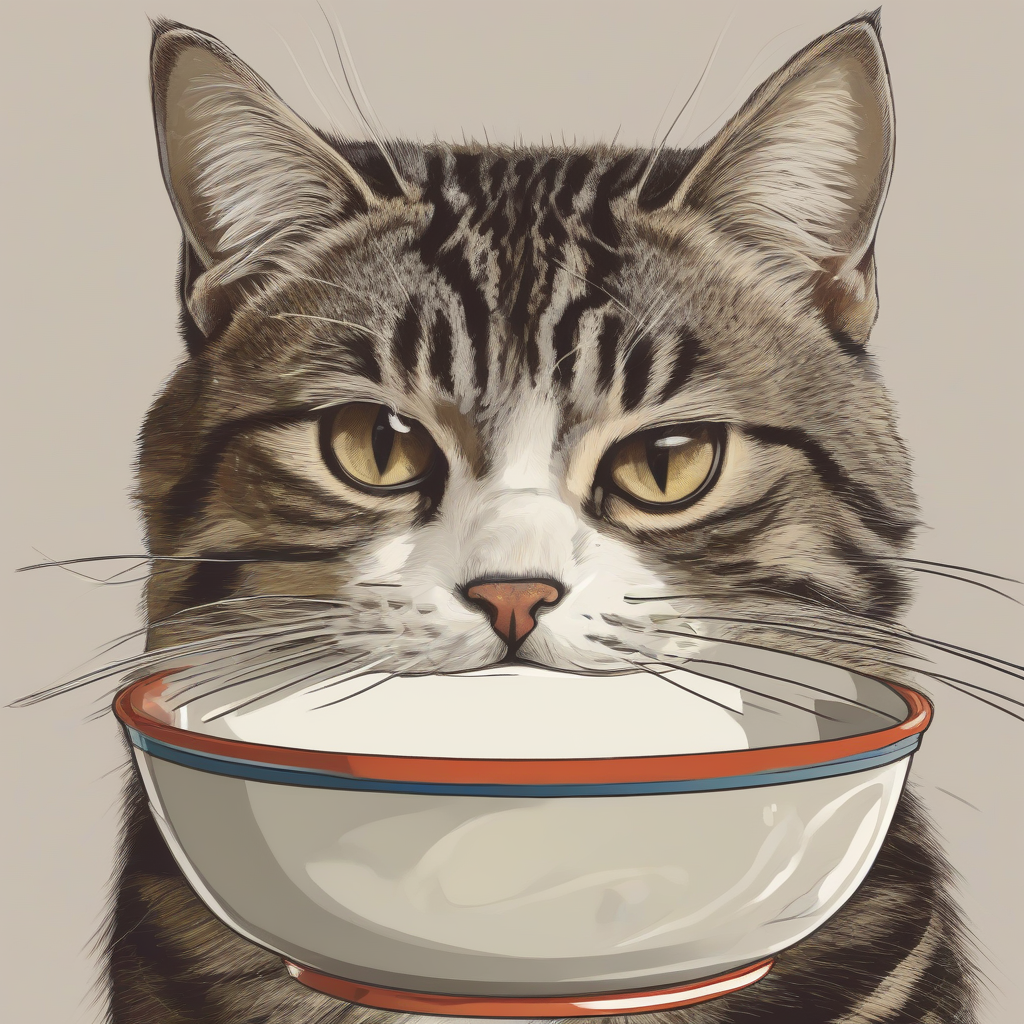 a striped cat looks sadly toward the viewer holding an empty food bowl by मुफ्त एआई छवि जनरेटर - बिना लॉगिन के✨ | AIGAZOU