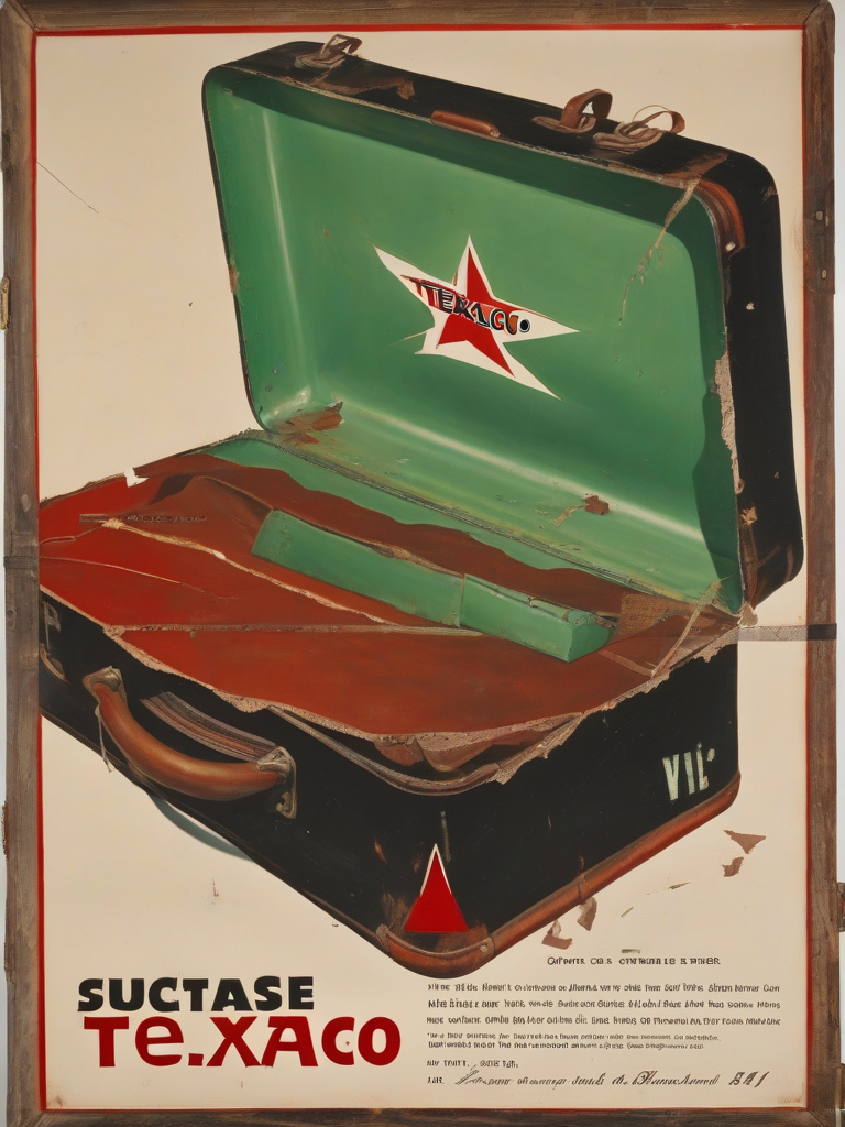 advertisement suitcase texaco wood rusty damaged black light green red basque 1940 by मुफ्त एआई छवि जनरेटर - बिना लॉगिन के✨ | AIGAZOU