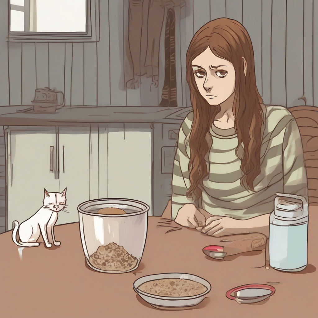 a sad cat looks at a teenager with long brown hair next to an empty food bowl by Générateur d'images par IA gratuit - Aucune connexion nécessaire✨ | AIGAZOU