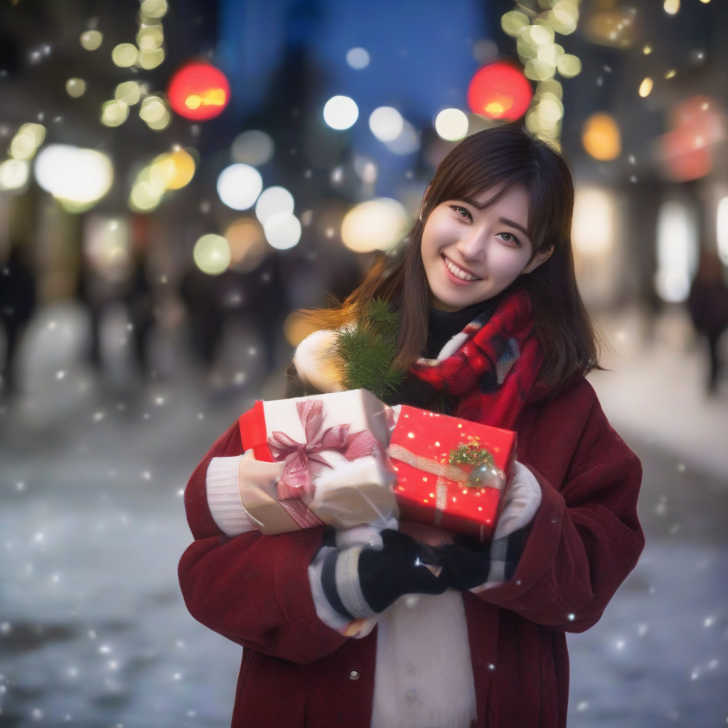 christmas illumination 21 year old female college student japanese smiling short hair urban photographic style holding christmas present by Free AI Image Generator & Maker - No login required✨ | AIGAZOU