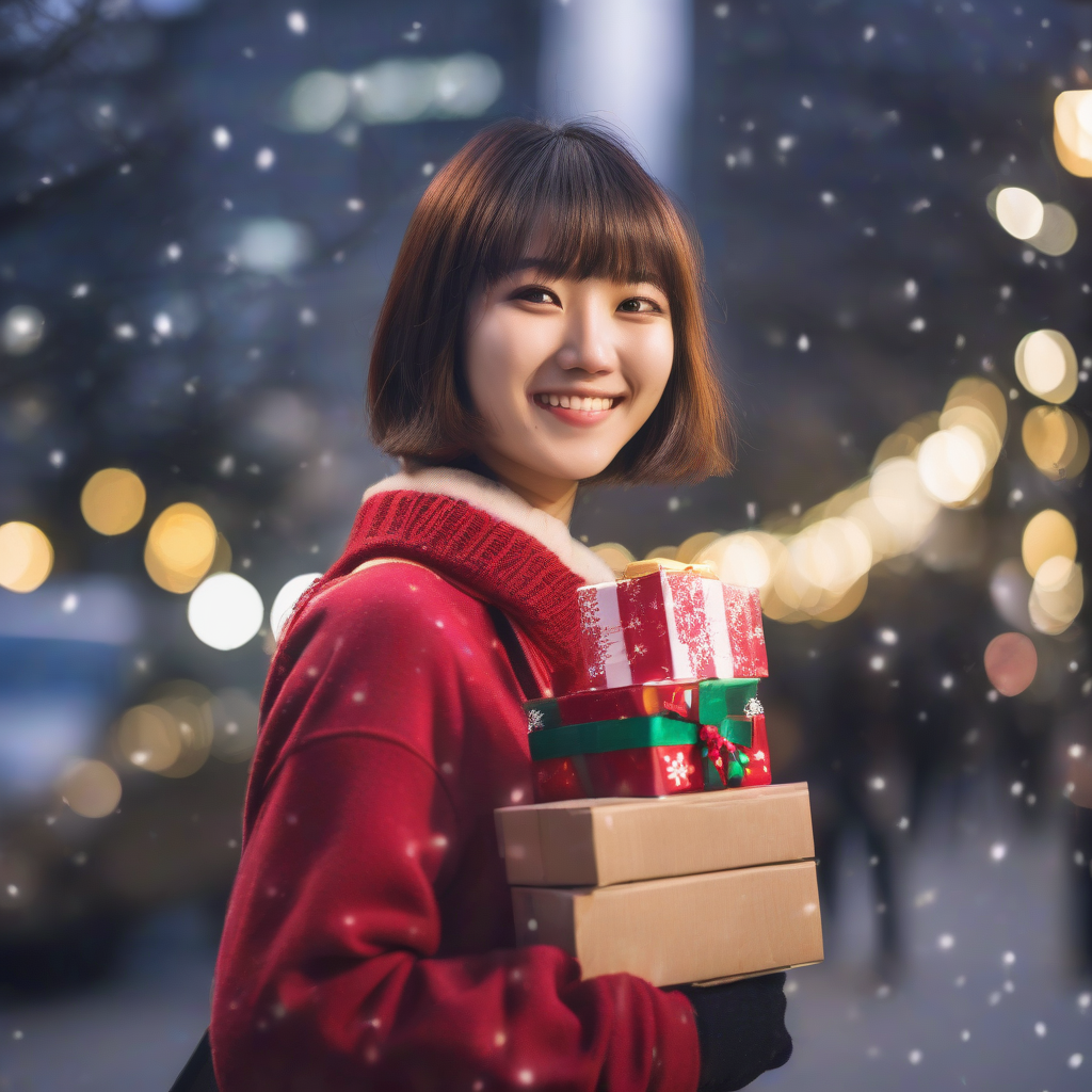 christmas illumination 21 year old female japanese student smiling bob cut city photo style holding christmas present by मुफ्त एआई छवि जनरेटर - बिना लॉगिन के✨ | AIGAZOU