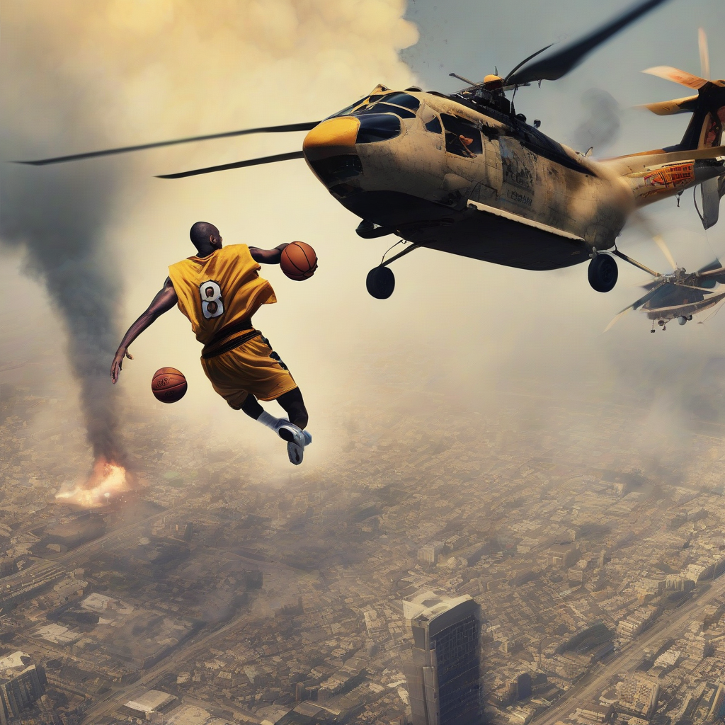 kobe basketball player in plane helicopter bombing by 免费AI图像生成工具 | AIGAZOU