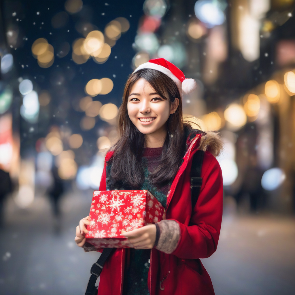 christmas illuminations 21 year old female university student japanese smiling in the city holding christmas presents by मुफ्त एआई छवि जनरेटर - बिना लॉगिन के✨ | AIGAZOU