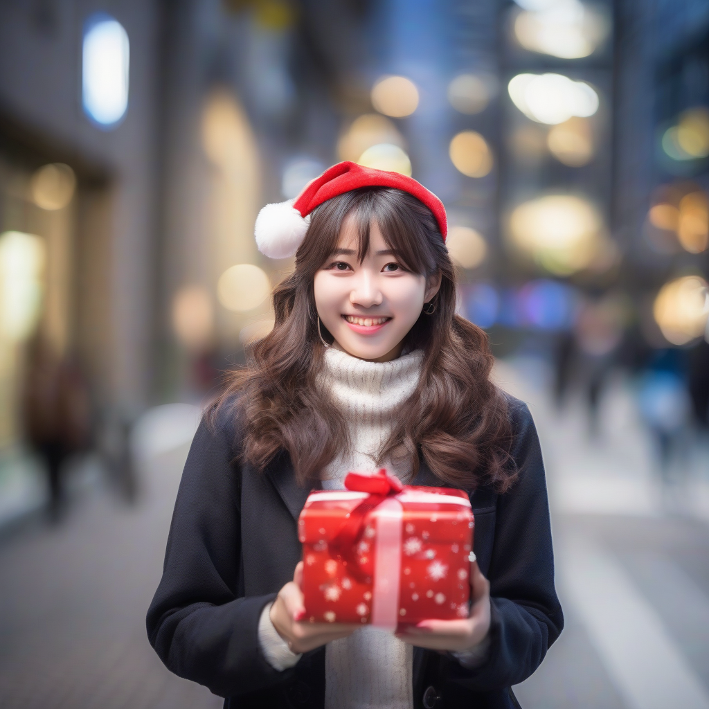 christmas illumination 21 year old female japanese student smiling semi long hair earrings city photo style holding christmas present by मुफ्त एआई छवि जनरेटर - बिना लॉगिन के✨ | AIGAZOU