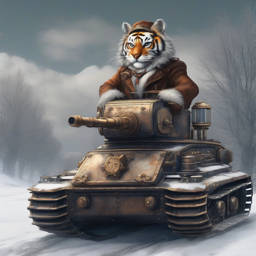 tiger as commander on a steampunk tank in winter landscape by मुफ्त एआई छवि जनरेटर - बिना लॉगिन के✨ | AIGAZOU