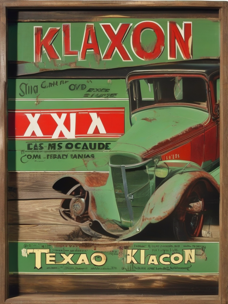 klaxon and texaco advertisement rusty wood black light green red basque 1930 by मुफ्त एआई छवि जनरेटर - बिना लॉगिन के✨ | AIGAZOU