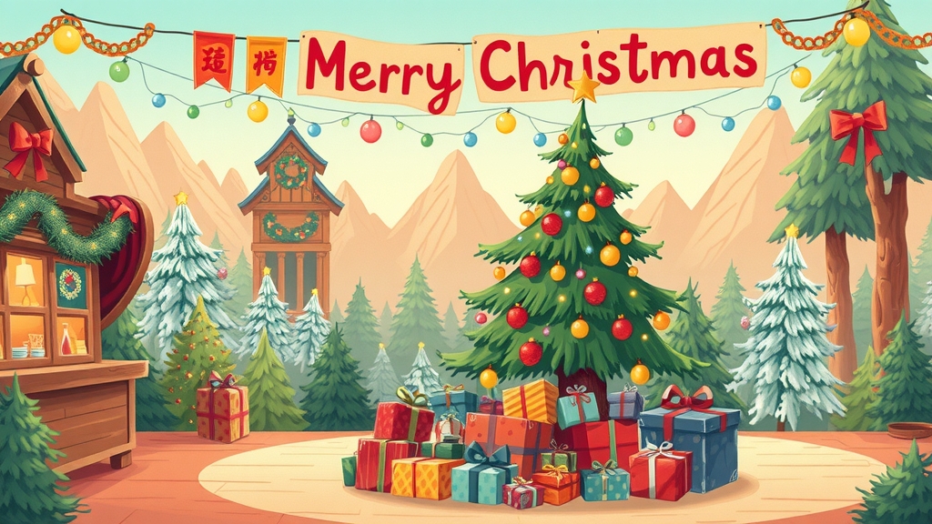 vibrant cartoon christmas scene with tree gifts and banner by मुफ्त एआई छवि जनरेटर - बिना लॉगिन के✨ | AIGAZOU