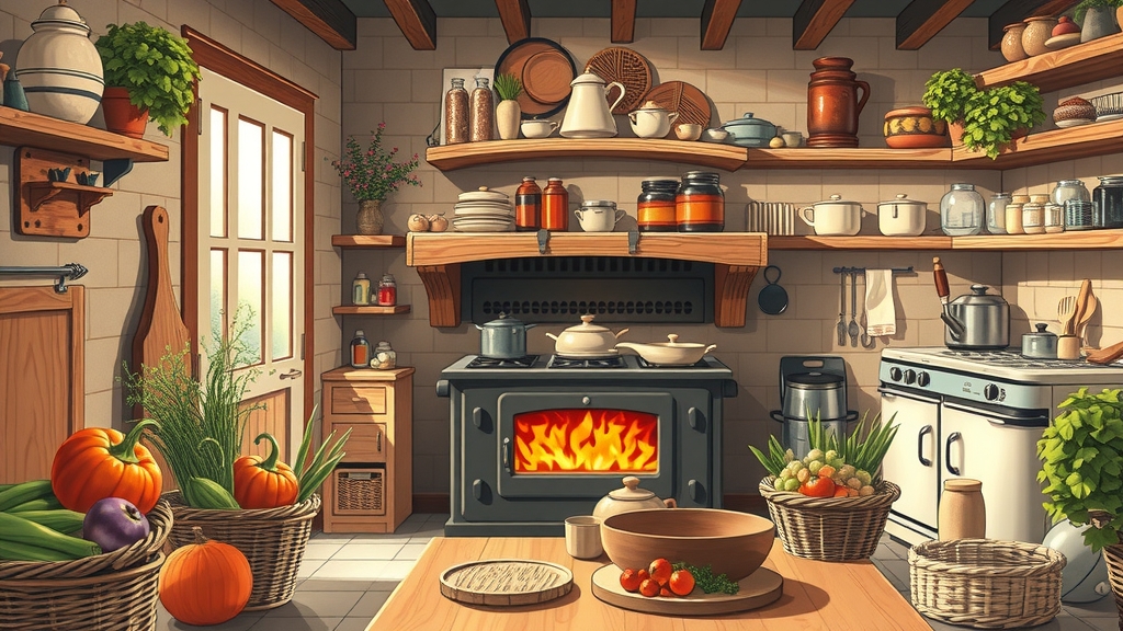 ghibli style anime image of a western kitchen with a wood stove by मुफ्त एआई छवि जनरेटर - बिना लॉगिन के✨ | AIGAZOU