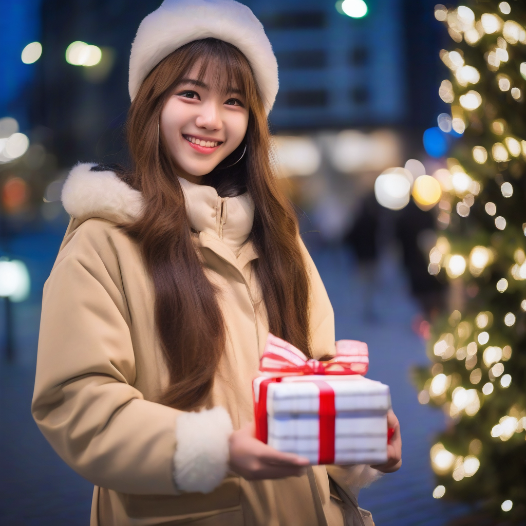 christmas illumination 21 year old female university student japanese smiling semi long earrings city photo style holding christmas present by मुफ्त एआई छवि जनरेटर - बिना लॉगिन के✨ | AIGAZOU