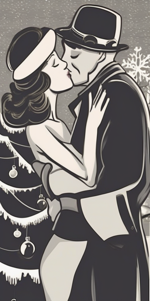 woman with brown hair and christmas hat kissing bald man with christmas hat in 1940s style drawing by मुफ्त एआई छवि जनरेटर - बिना लॉगिन के✨ | AIGAZOU