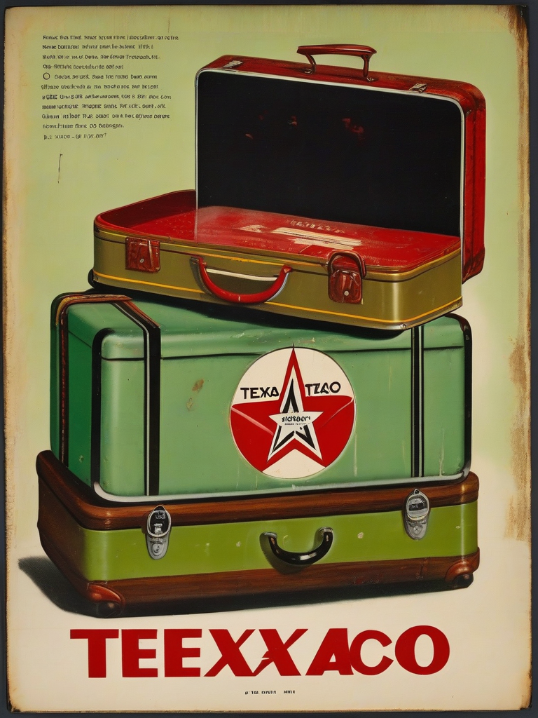 advertisement wooden rusty damaged suitcase texaco black light green basque red 1940 by मुफ्त एआई छवि जनरेटर - बिना लॉगिन के✨ | AIGAZOU