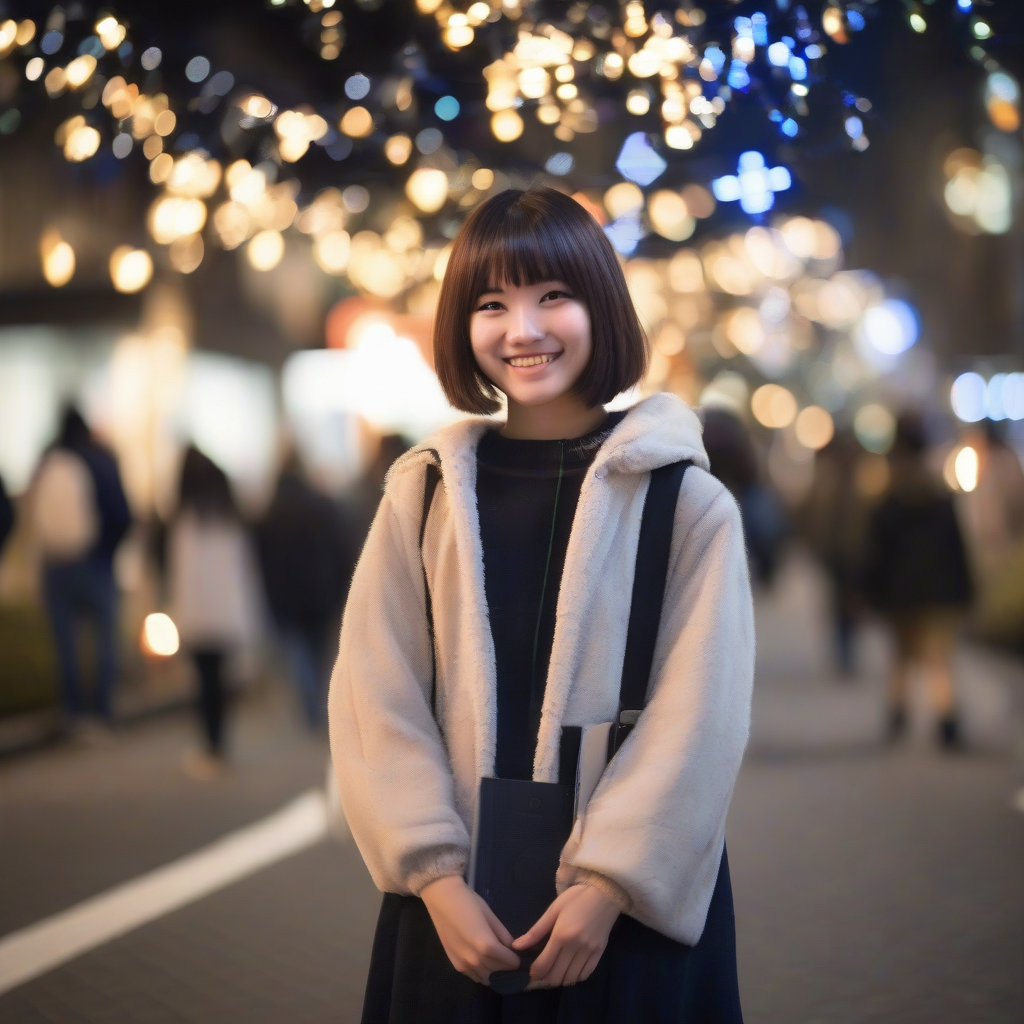 christmas illumination 21 year old female student japanese smile bob cut city photo style full body by मुफ्त एआई छवि जनरेटर - बिना लॉगिन के✨ | AIGAZOU