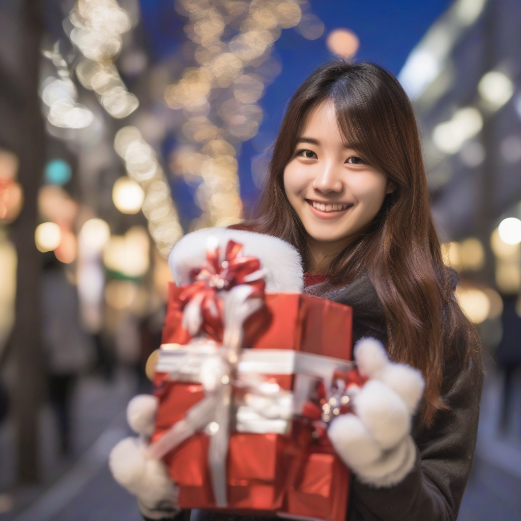 christmas illumination 21 year old female student japanese smiling long hair city photo style holding christmas present by मुफ्त एआई छवि जनरेटर - बिना लॉगिन के✨ | AIGAZOU