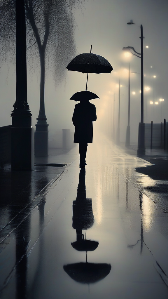 silhouette person walking alone umbrella deserted street mist soft rain city lights blurred background melancholic cinematic vibe solitude emotional distance by Free AI Image Generator & Maker - No login required✨ | AIGAZOU