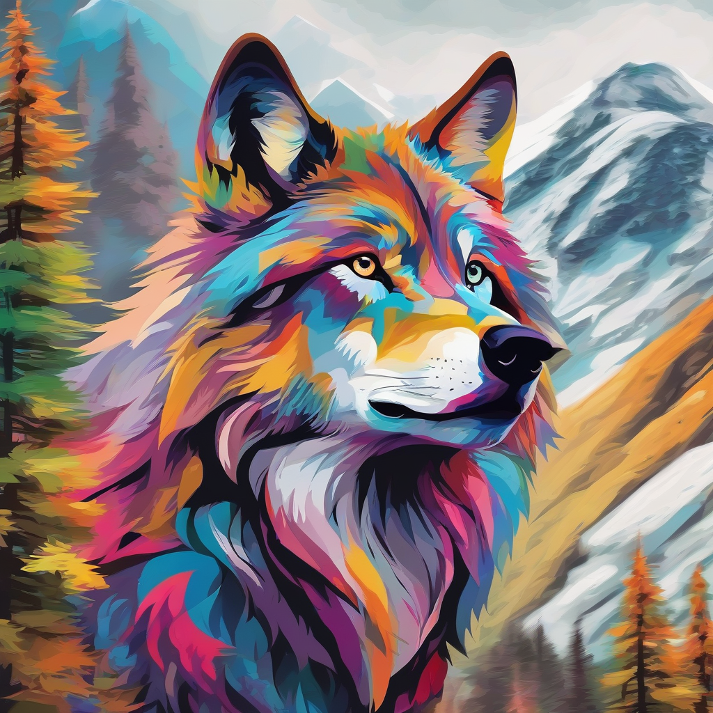 colorful wolf in front of mountain by Free AI Image Generator & Maker - No login required✨ | AIGAZOU
