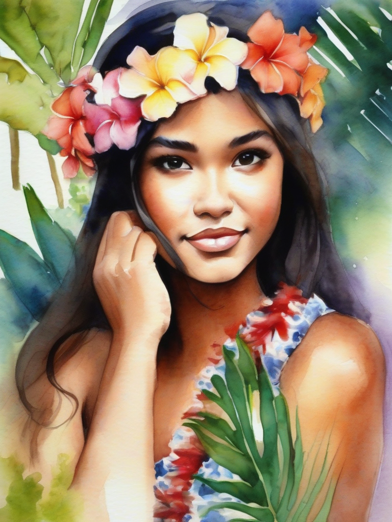 hawaii beautiful girl watercolor painting by Free AI Image Generator & Maker - No login required✨ | AIGAZOU