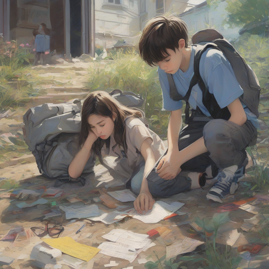 14 year old boy and girl looking for something by Free AI Image Generator & Maker - No login required✨ | AIGAZOU