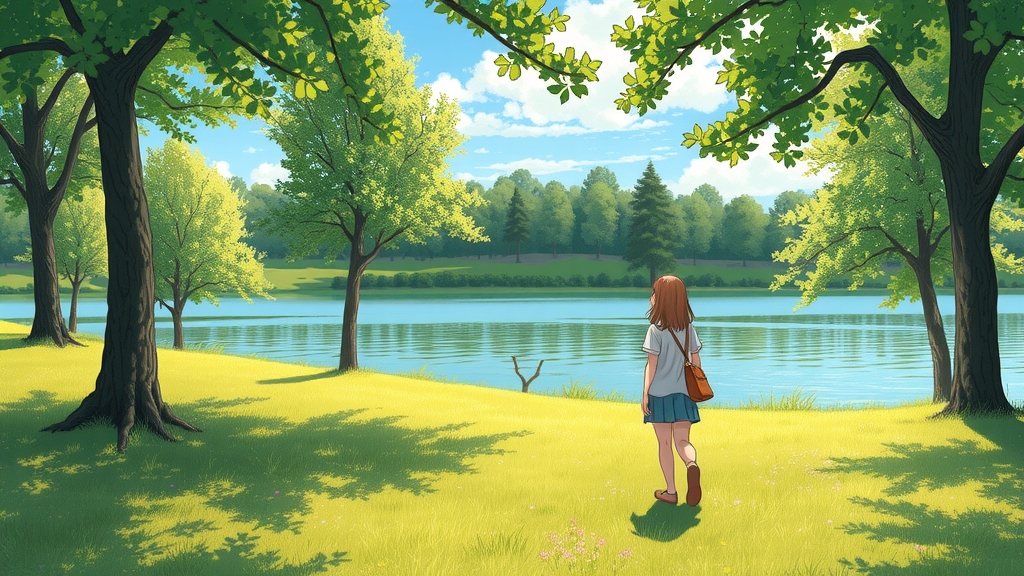sunny lawn lake walking among trees by Free AI Image Generator & Maker - No login required✨ | AIGAZOU