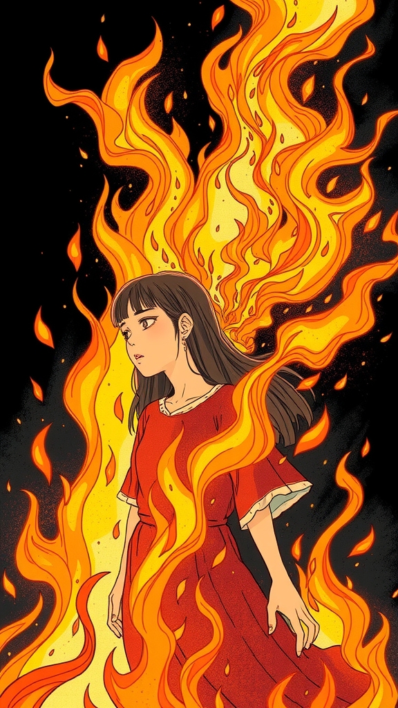 girl burning in fire with life lessons and trauma by Free AI Image Generator & Maker - No login required✨ | AIGAZOU