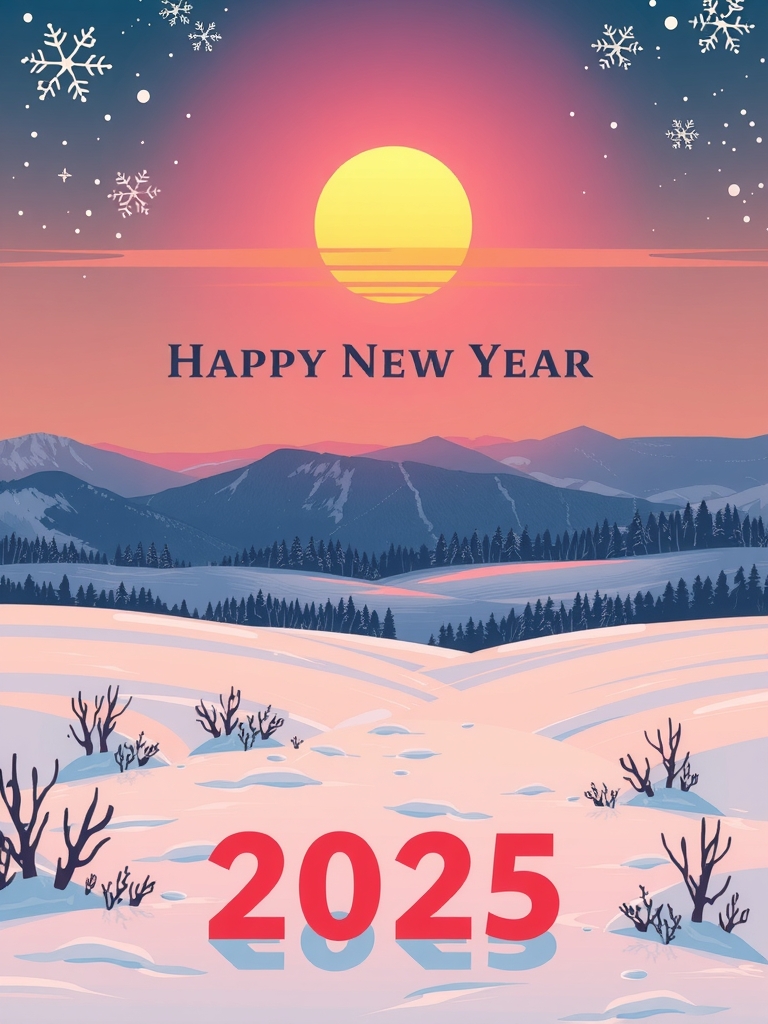 radiant sunrise over snowy landscape happy new year 2025 by Free AI Image Generator & Maker - No login required✨ | AIGAZOU