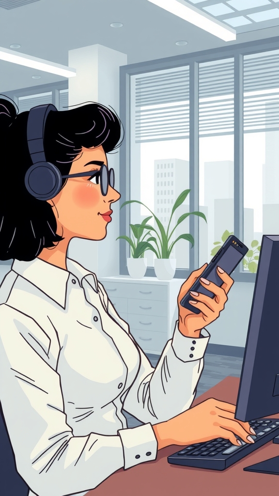 employee using phone at office by Free AI Image Generator & Maker - No login required✨ | AIGAZOU