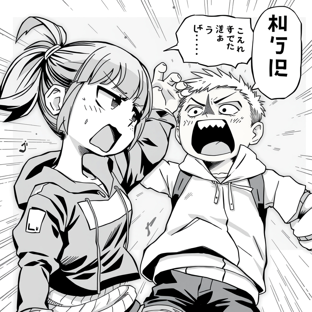 angry chibi girl with ponytail freckles hits techwear guy in comic manga scene by Free AI Image Generator & Maker - No login required✨ | AIGAZOU