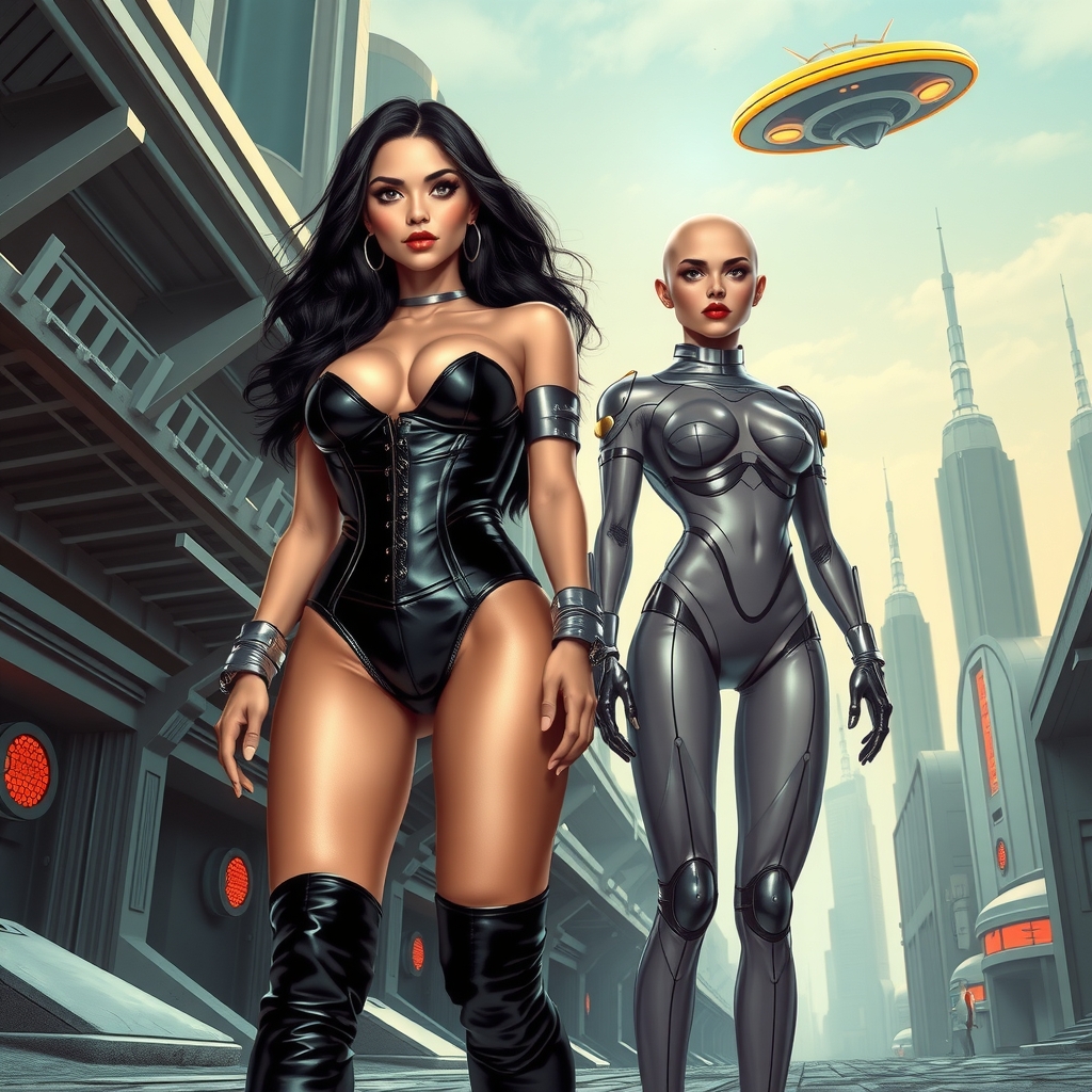 futuristic woman and gynoid in alien city by Free AI Image Generator & Maker - No login required✨ | AIGAZOU