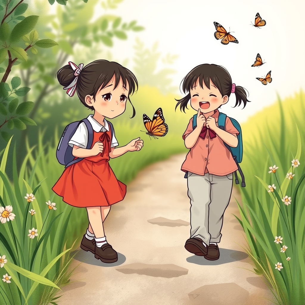 two chinese girls walking home capturing butterflies by Free AI Image Generator & Maker - No login required✨ | AIGAZOU