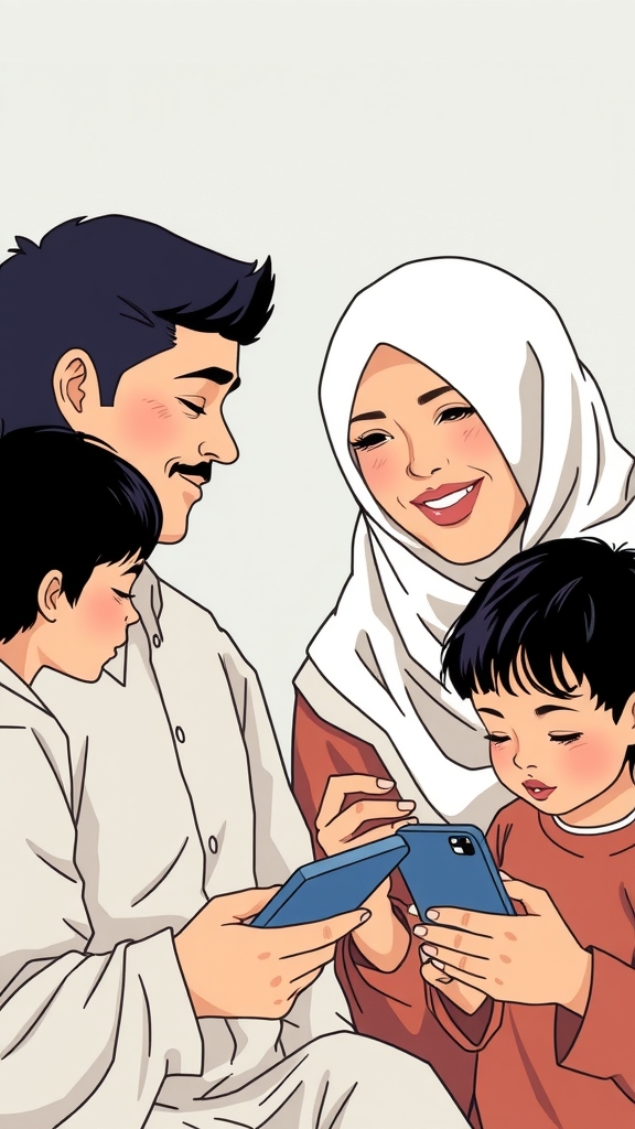 mother wears hijab children busy with phones by Free AI Image Generator & Maker - No login required✨ | AIGAZOU