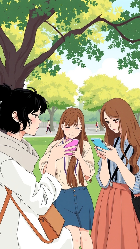 three girls playing phones in park by Free AI Image Generator & Maker - No login required✨ | AIGAZOU