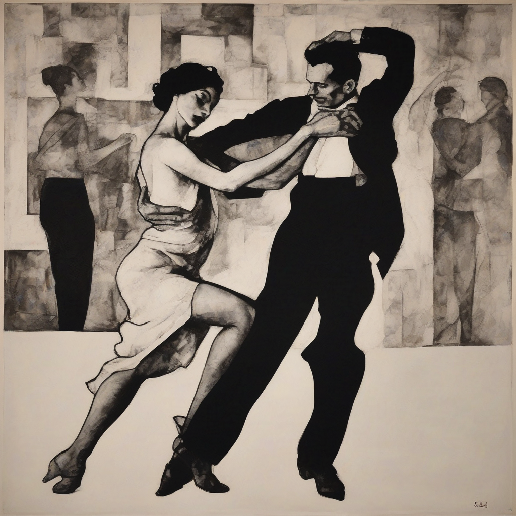 tango dancing beautiful woman black white schiele art deco wall painting by Free AI Image Generator & Maker - No login required✨ | AIGAZOU