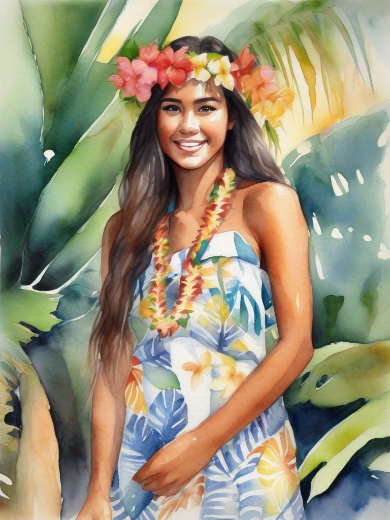 hawaiian beautiful girl watercolor painting by Free AI Image Generator & Maker - No login required✨ | AIGAZOU