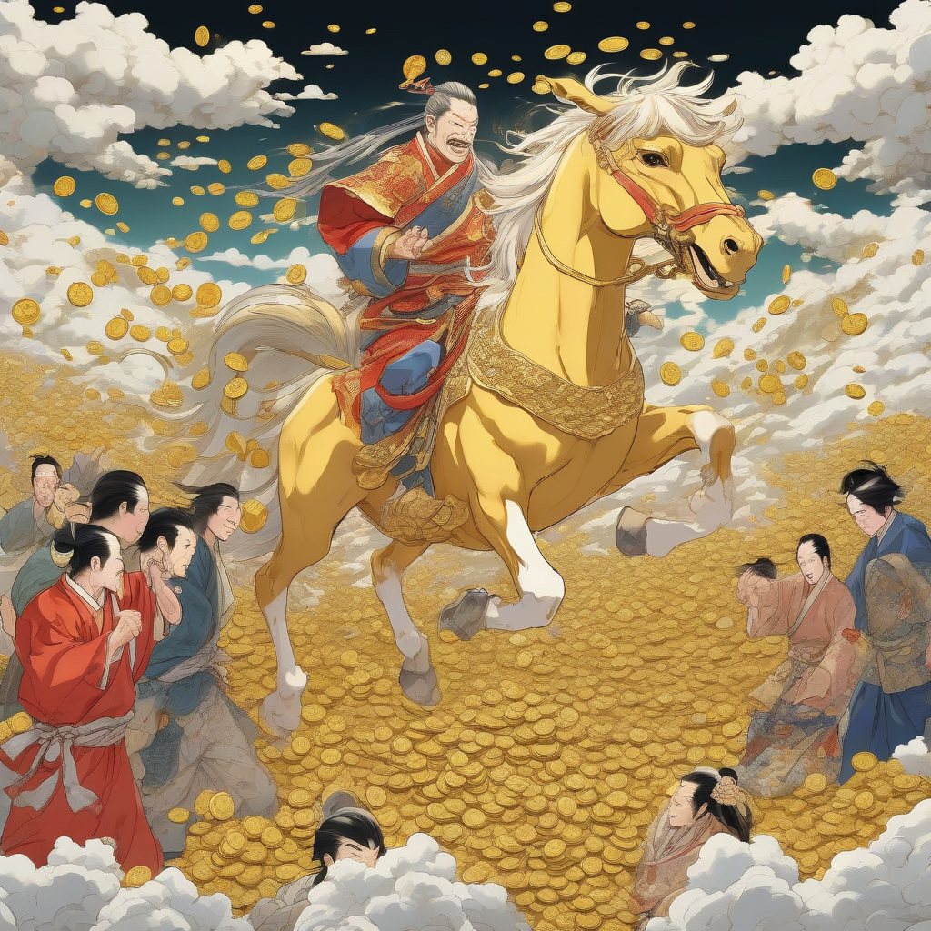 hero toshisan on golden horse scatters gold coins by Free AI Image Generator & Maker - No login required✨ | AIGAZOU