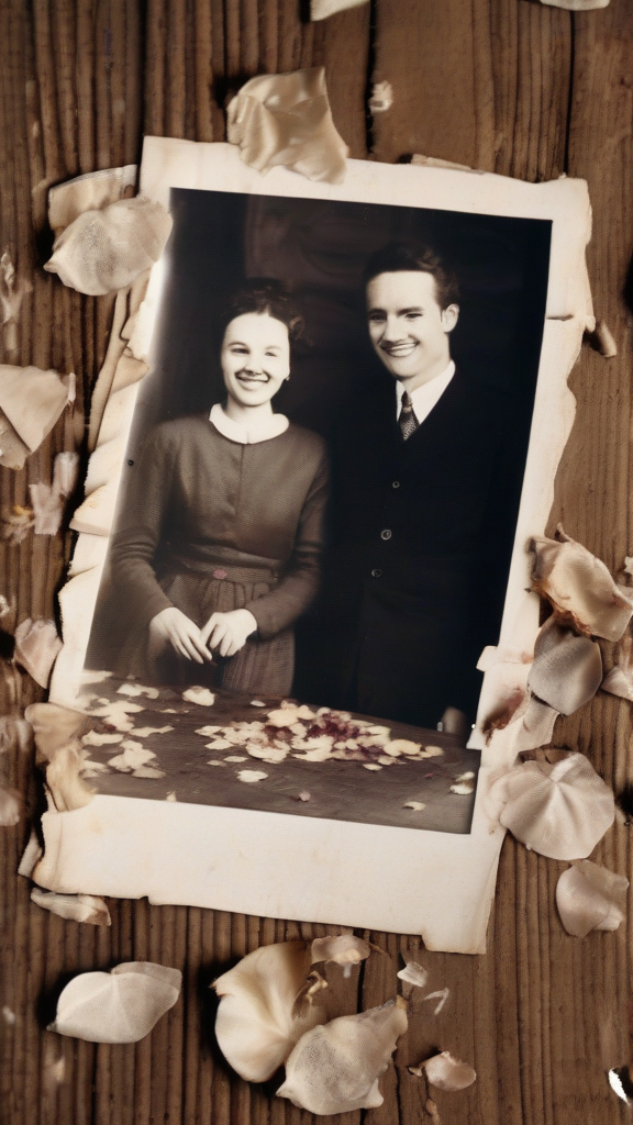 faded photograph old wooden table two people smiling torn aged surrounded dried petals nostalgia bittersweet atmosphere lost happiness by Free AI Image Generator & Maker - No login required✨ | AIGAZOU