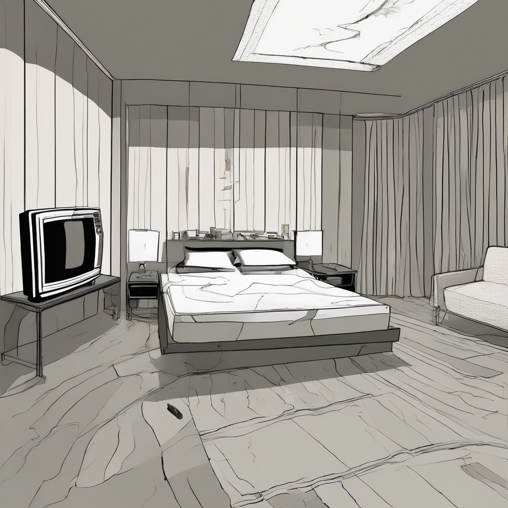 hotel room main scene siegfried bed tv door by Free AI Image Generator & Maker - No login required✨ | AIGAZOU