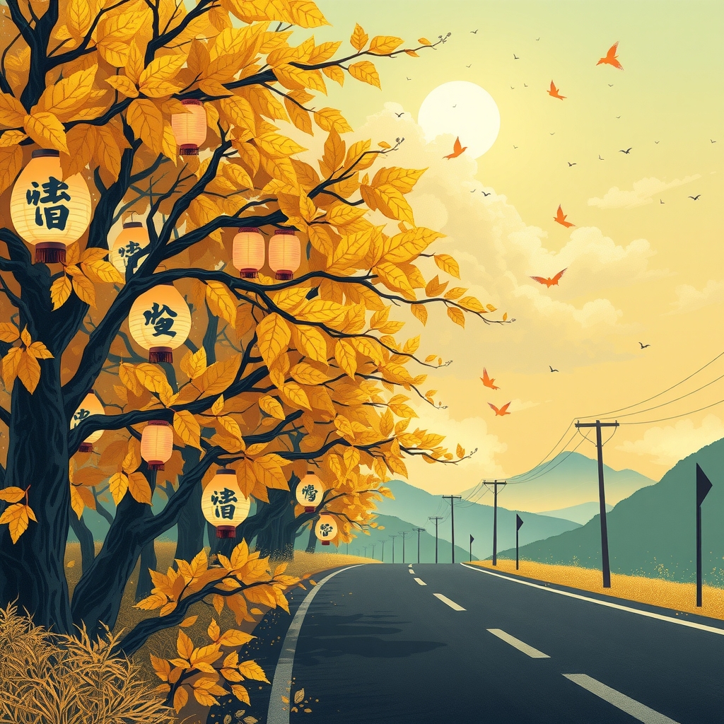 yellow leaves few cicadas ink clouds distant road lights old friends like stars by Free AI Image Generator & Maker - No login required✨ | AIGAZOU