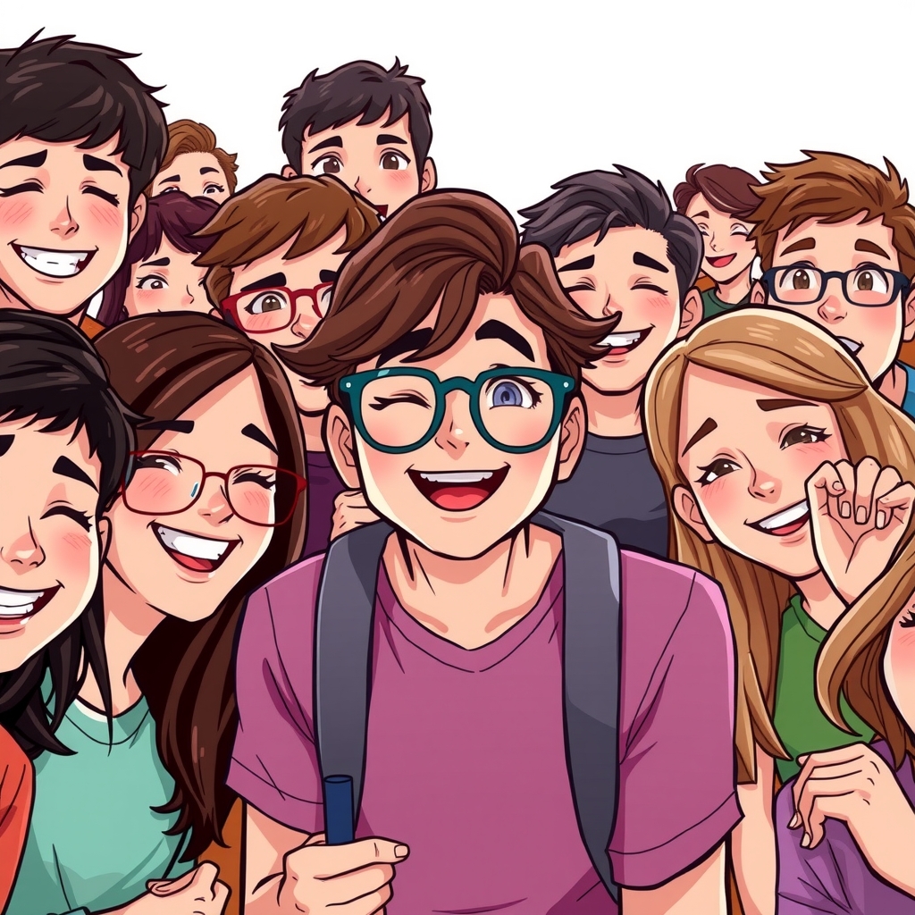 happy cheerful smiling teenagers around dark haired brown eyed glasses winking by Free AI Image Generator & Maker - No login required✨ | AIGAZOU