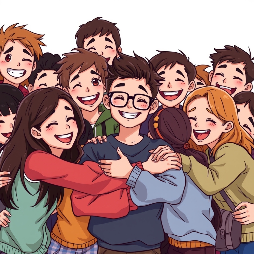 happy cheerful smiling teenagers hugging dark haired brown eyed glasses by Free AI Image Generator & Maker - No login required✨ | AIGAZOU
