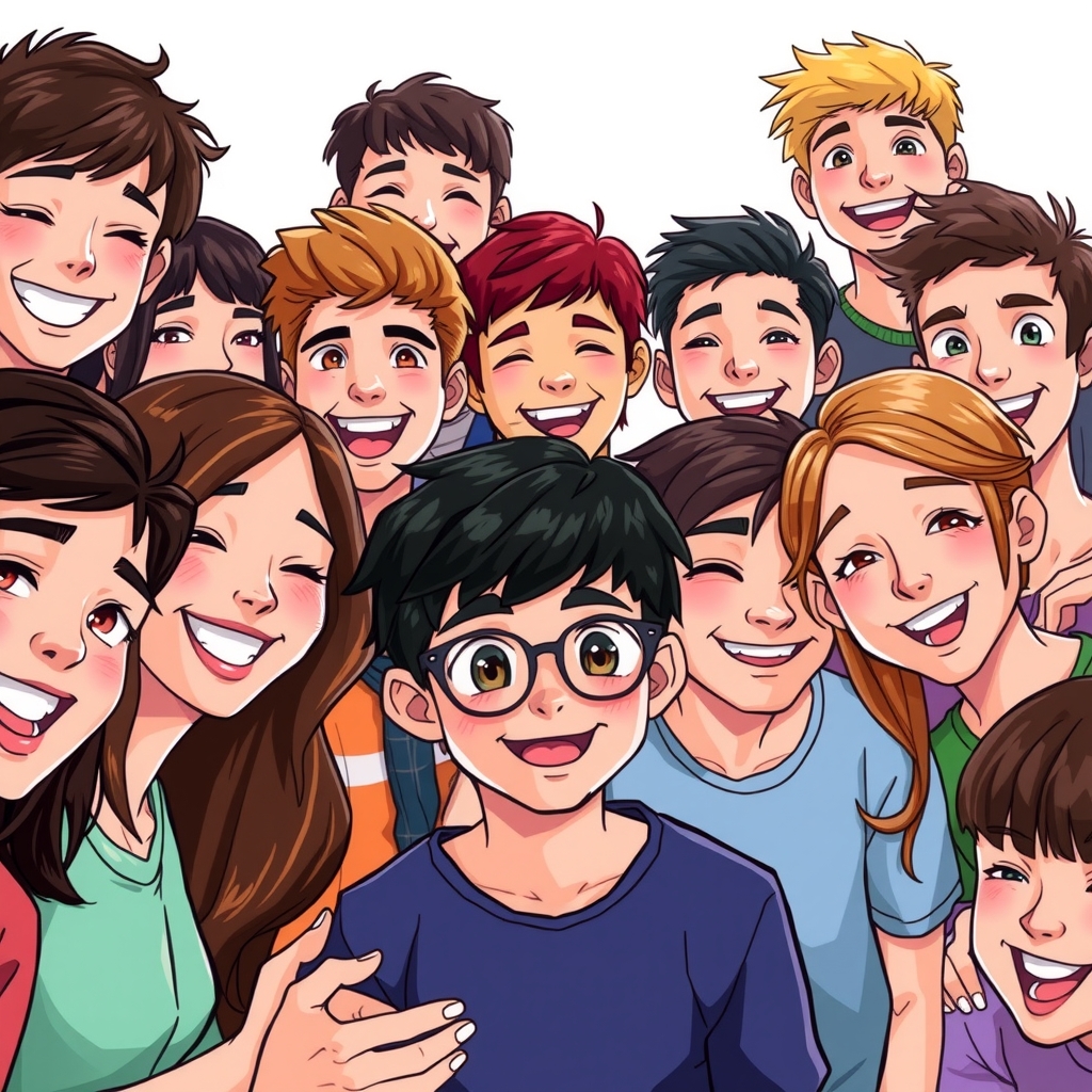 happy cheerful smiling teenagers gathered around black haired brown eyed boy wearing glasses by Free AI Image Generator & Maker - No login required✨ | AIGAZOU