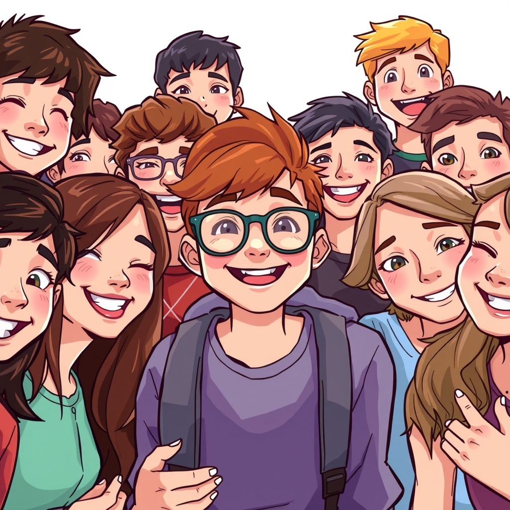happy cheerful smiling teenagers around brown haired boy by Free AI Image Generator & Maker - No login required✨ | AIGAZOU