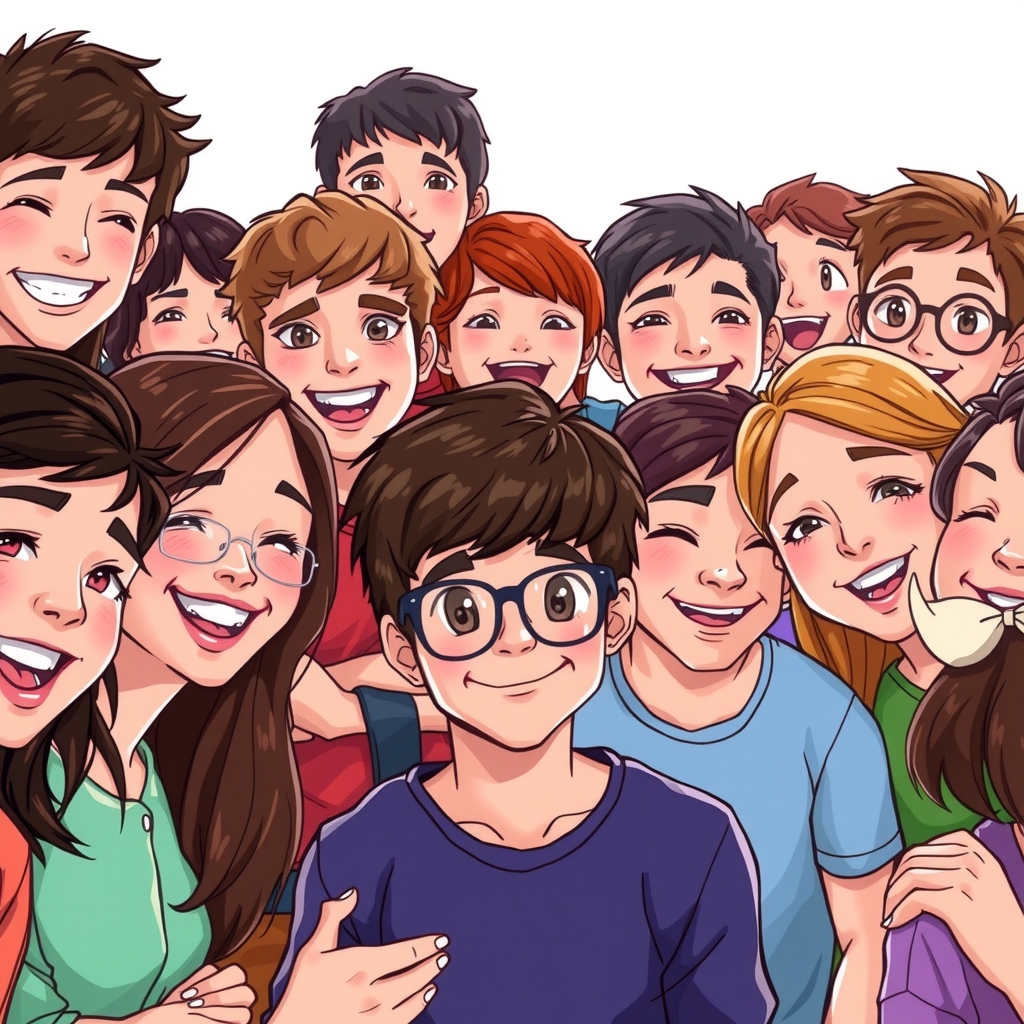 happy cheerful smiling teenagers gathered around dark haired brown eyed teenager by Free AI Image Generator & Maker - No login required✨ | AIGAZOU