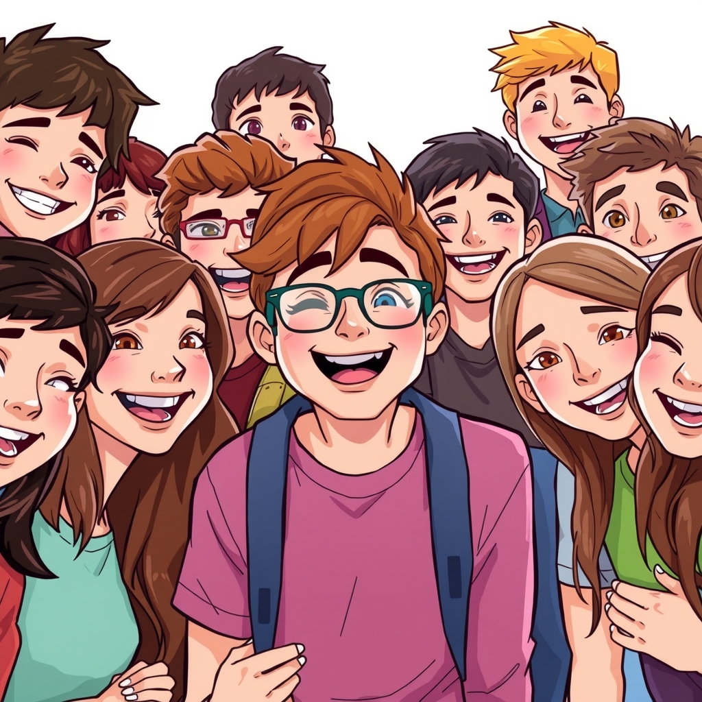 happy cheerful smiling teenagers around brown haired boy with glasses by Free AI Image Generator & Maker - No login required✨ | AIGAZOU