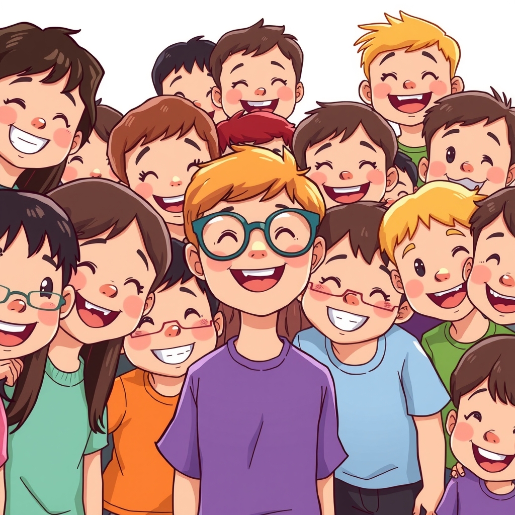happy cheerful smiling children around boy with glasses by Free AI Image Generator & Maker - No login required✨ | AIGAZOU