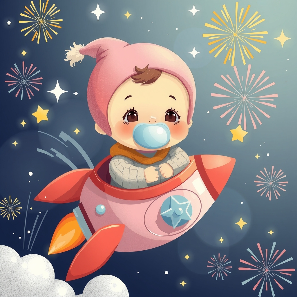 cute baby with pacifier in rocket amid stars fireworks by Free AI Image Generator & Maker - No login required✨ | AIGAZOU