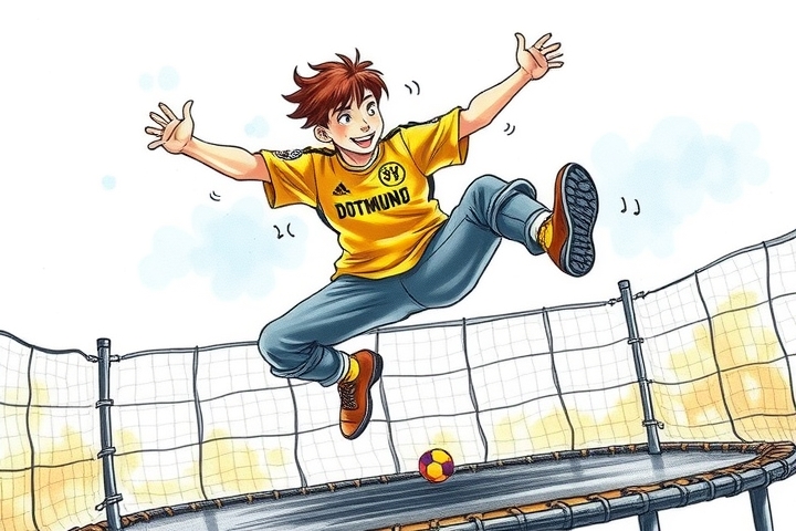 happy german student doing flip on trampoline in ninja parkour with yellow bvb dortmund jersey as steampunk pencil sketch by Free AI Image Generator & Maker - No login required✨ | AIGAZOU