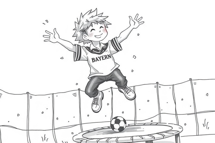 happy german boy jumping on trampoline in bayern munich shirt by Free AI Image Generator & Maker - No login required✨ | AIGAZOU