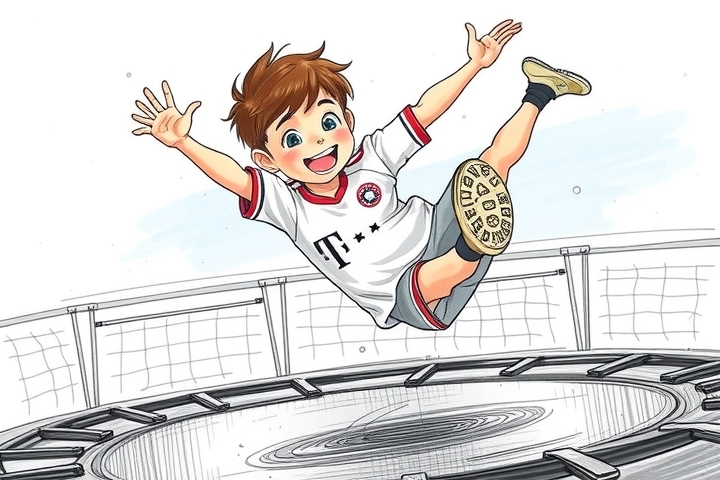 happy german boy doing somersault on trampoline in bayern munich shirt by Free AI Image Generator & Maker - No login required✨ | AIGAZOU