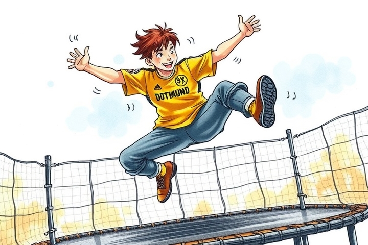 happy german student doing flip on trampoline in ninja parkour with yellow bvb dortmund jersey as steampunk pencil sketch by Free AI Image Generator & Maker - No login required✨ | AIGAZOU