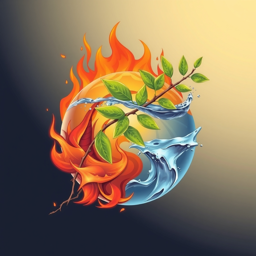 fire and water merge into ball with green leaves by Free AI Image Generator & Maker - No login required✨ | AIGAZOU