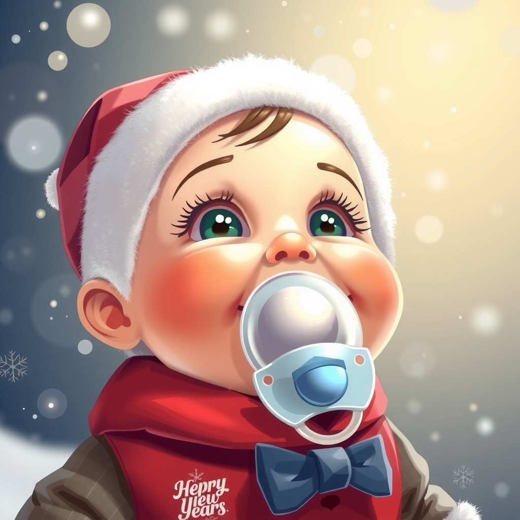 a cute baby with pacifier in new years outfit smiles by Free AI Image Generator & Maker - No login required✨ | AIGAZOU
